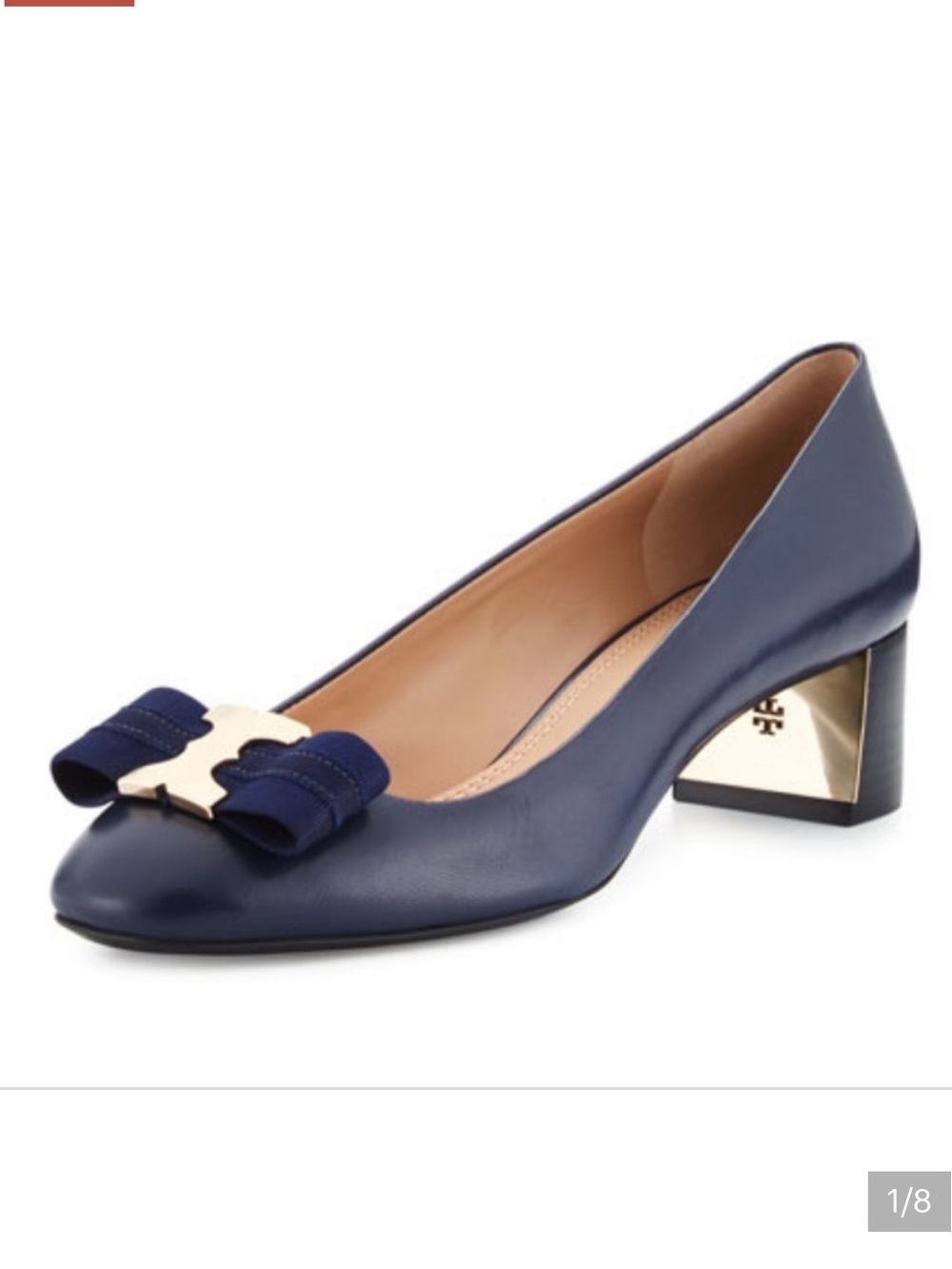 Tory Burch Gemini Block Heel Navy Leather Bow Gold